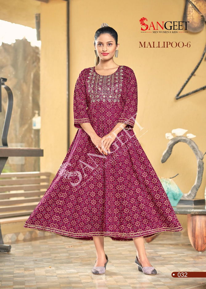 Mallipoo 6 By Sangeet 031-036 Anarkali Kurtis Catalog